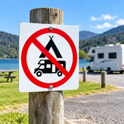 No camping or campervans prohibition sign displayed at a lakeside recreational area.