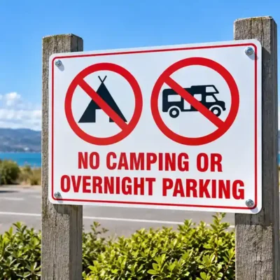 No Camping Or Overnight Parking Sign installed at a parking area
