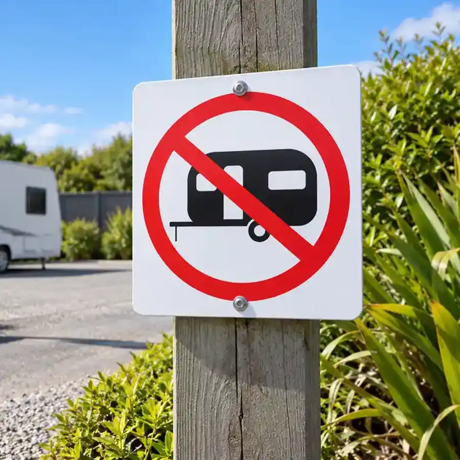 no-caravan-symbol-use-case No Caravan Sign at a caravan access area in New Zealand