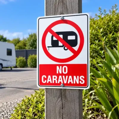 No Caravans Sign installed at a restricted caravan access area