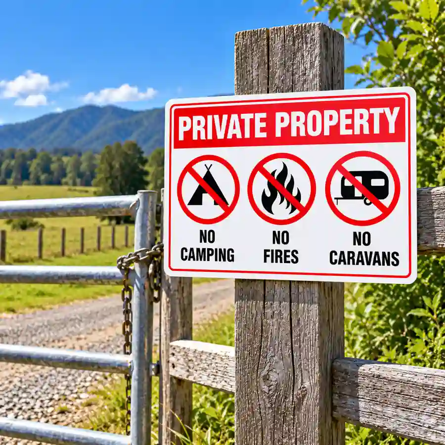 private-property-no-camping-no-fires-no-caravans-use-case No Camping No Fires No Caravans Sign installed at a private property entrance