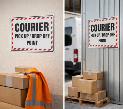 Courier pick up drop off point sign installed at office reception and warehouse delivery area