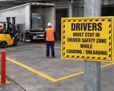 Drivers must stay in driver safety zone sign at warehouse loading dock with forklift operating