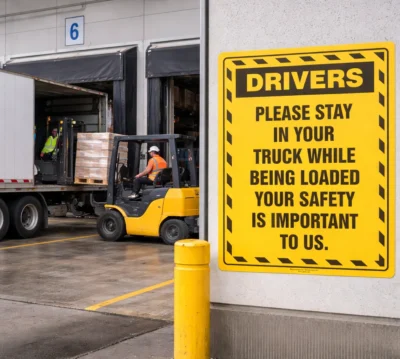 Drivers stay in truck while being loaded warehouse safety sign at loading dock