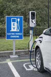 Electric vehicle charging sign installed on post beside EV charging station carpark New Zealand