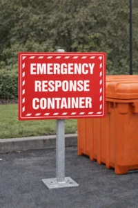Emergency response container sign mounted outdoors identifying emergency equipment location