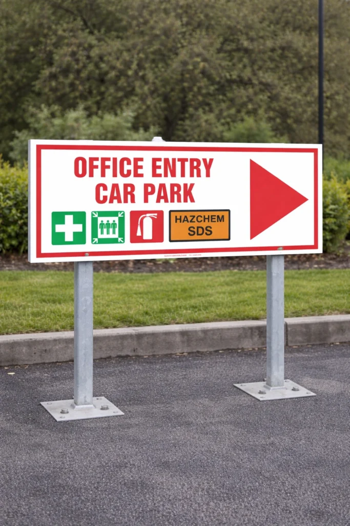 Office entry car park sign mounted on poles directing vehicles to office parking area