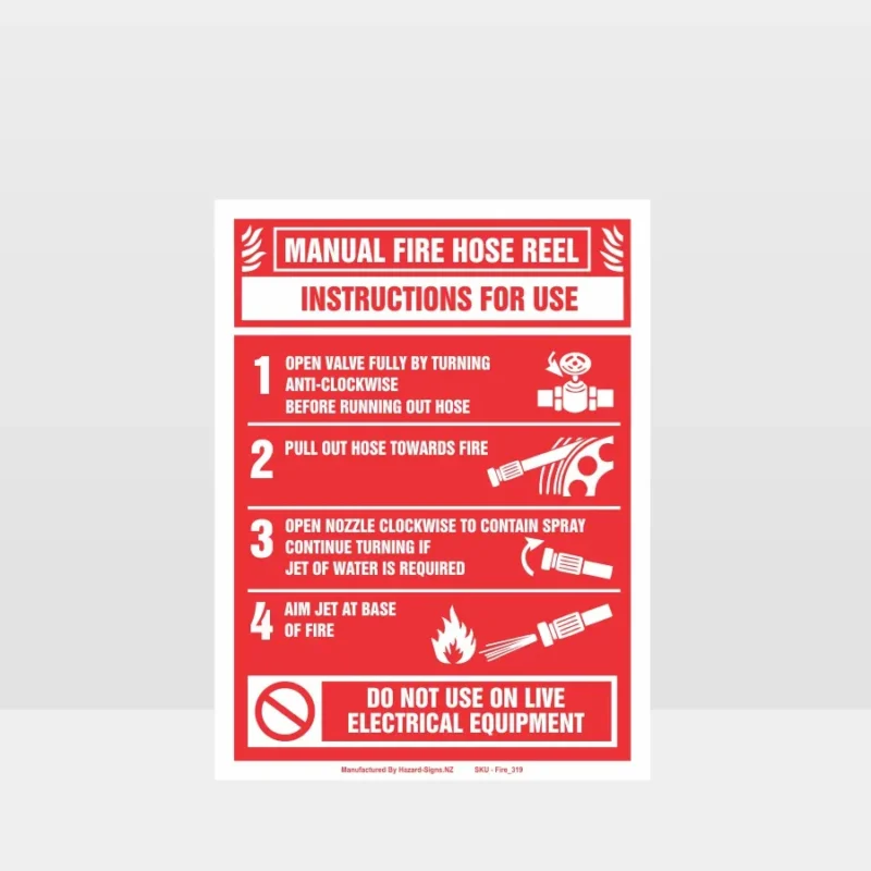 Manual Fire Hose Reel Instructions Sign
