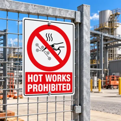 Hot Works Prohibited Sign for workplace and industrial areas where welding, cutting, grinding and other hot work activities are prohibited.