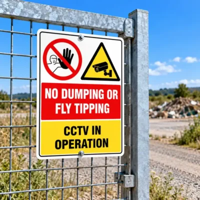 No Dumping Or Fly Tipping CCTV In Operation Sign for private property, commercial sites, rural areas and known dumping locations.