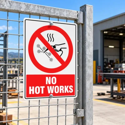 No Hot Works Sign for industrial and workplace areas where welding, cutting, grinding or other hot work activities are prohibited.