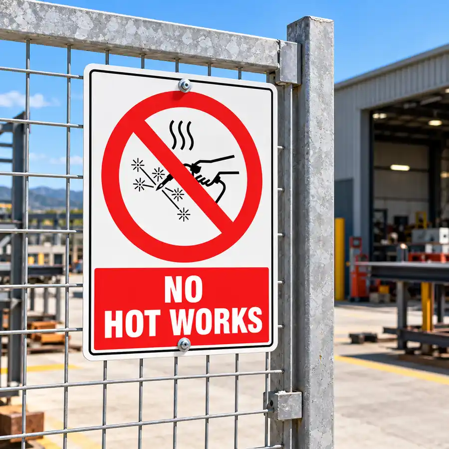 no-hot-works-use-case-900x900 No Hot Works Sign for industrial and workplace areas where welding, cutting, grinding or other hot work activities are prohibited.
