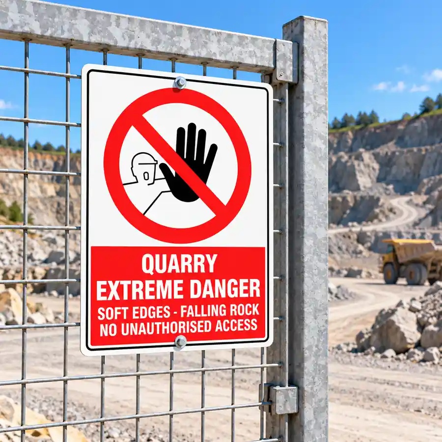 quarry-extreme-danger-use-case Quarry Extreme Danger Sign for quarry and mining sites warning of soft edges, falling rocks and restricted unauthorised access.