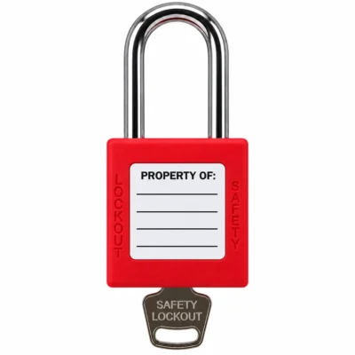 Back of Red Safety Lockout Padlock with Property Of Identification Label