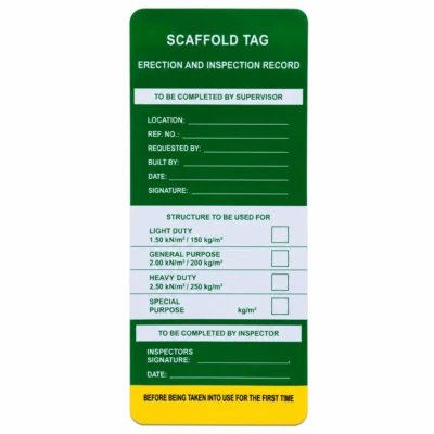 Scaffold Inspection Tag front – green erection and inspection record 211 x 85mm