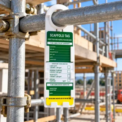 Scaffold Inspection Tag and Holder Set hanging from scaffold tube at construction site