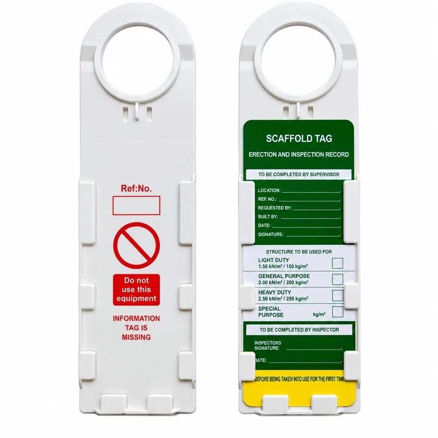 Scaffold Tag Holder shown empty and with Scaffold Inspection Tag fitted