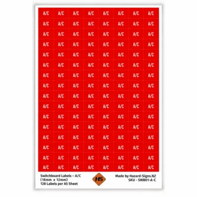 A/C air conditioning switchboard labels 18mm x 12mm – 128 red labels per A5 sheet