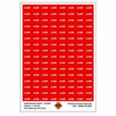 ALARM electrical switchboard labels 18mm x 12mm – 128 red labels per A5 sheet