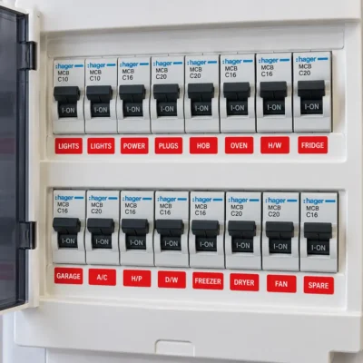 Red 18mm x 12mm switchboard labels identifying circuits on an electrical switchboard