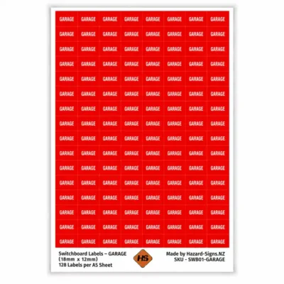 GARAGE electrical switchboard labels 18mm x 12mm – 128 red labels per A5 sheet