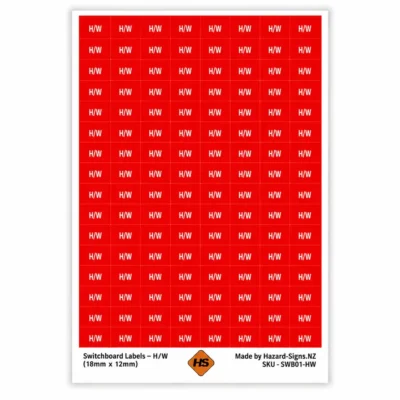 H/W Hot Water switchboard labels 18mm x 12mm for electrical circuit identification