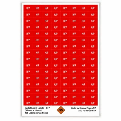 H/P heat pump electrical switchboard labels 18mm x 12mm – 128 red labels per A5 sheet