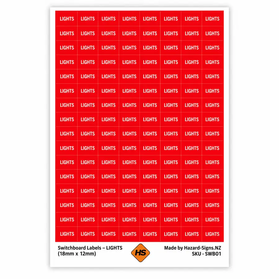 LIGHTS switchboard labels 18mm x 12mm for electrical circuit identification