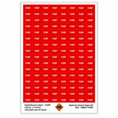 PUMP electrical switchboard labels 18mm x 12mm – 128 red labels per A5 sheet