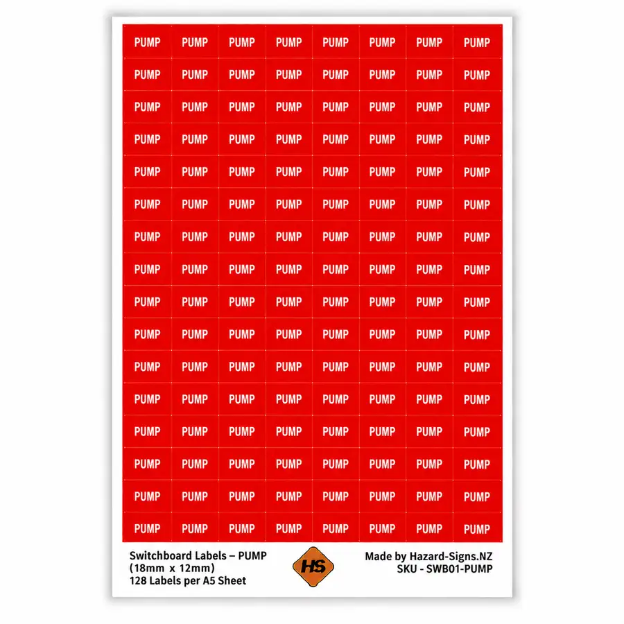 PUMP electrical switchboard labels 18mm x 12mm – 128 red labels per A5 sheet