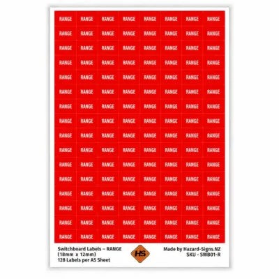 RANGE electrical switchboard labels 18mm x 12mm – 128 red labels per A5 sheet