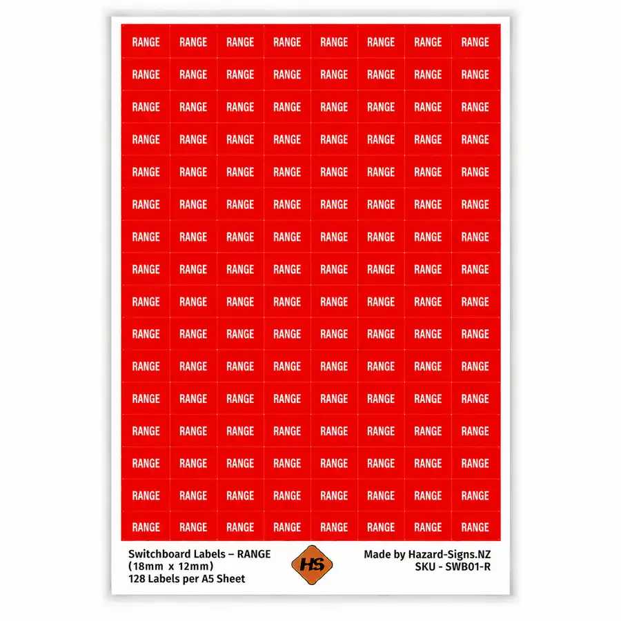 RANGE electrical switchboard labels 18mm x 12mm – 128 red labels per A5 sheet