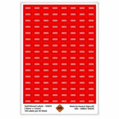 SHEDS electrical switchboard labels 18mm x 12mm – 128 red labels per A5 sheet