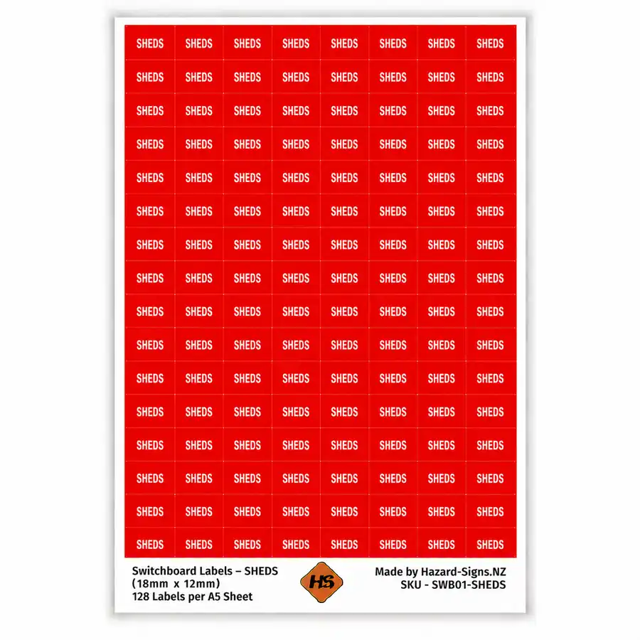 SHEDS electrical switchboard labels 18mm x 12mm – 128 red labels per A5 sheet